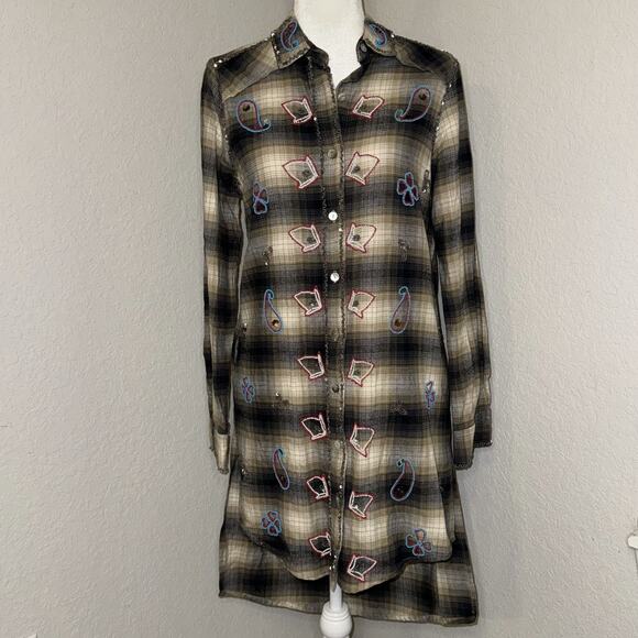 Miss Me Vintage Shirt Dress Women’s Small Brown Black Plaid Embroidered Beaded - Picture 1 of 11